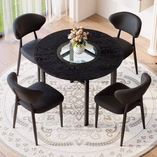 Set tavolo da pranzo rotondo 100x76 cm in MDF e vetro nero con 4 sedie -