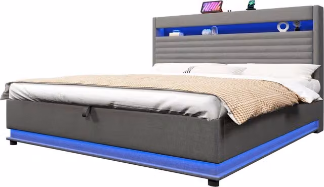 Letto matrimoniale contenitore moderno in tessuto grigio con illuminazione LED, porta USB Type-C e vano idraulico, L/P: 180 x 200 cm