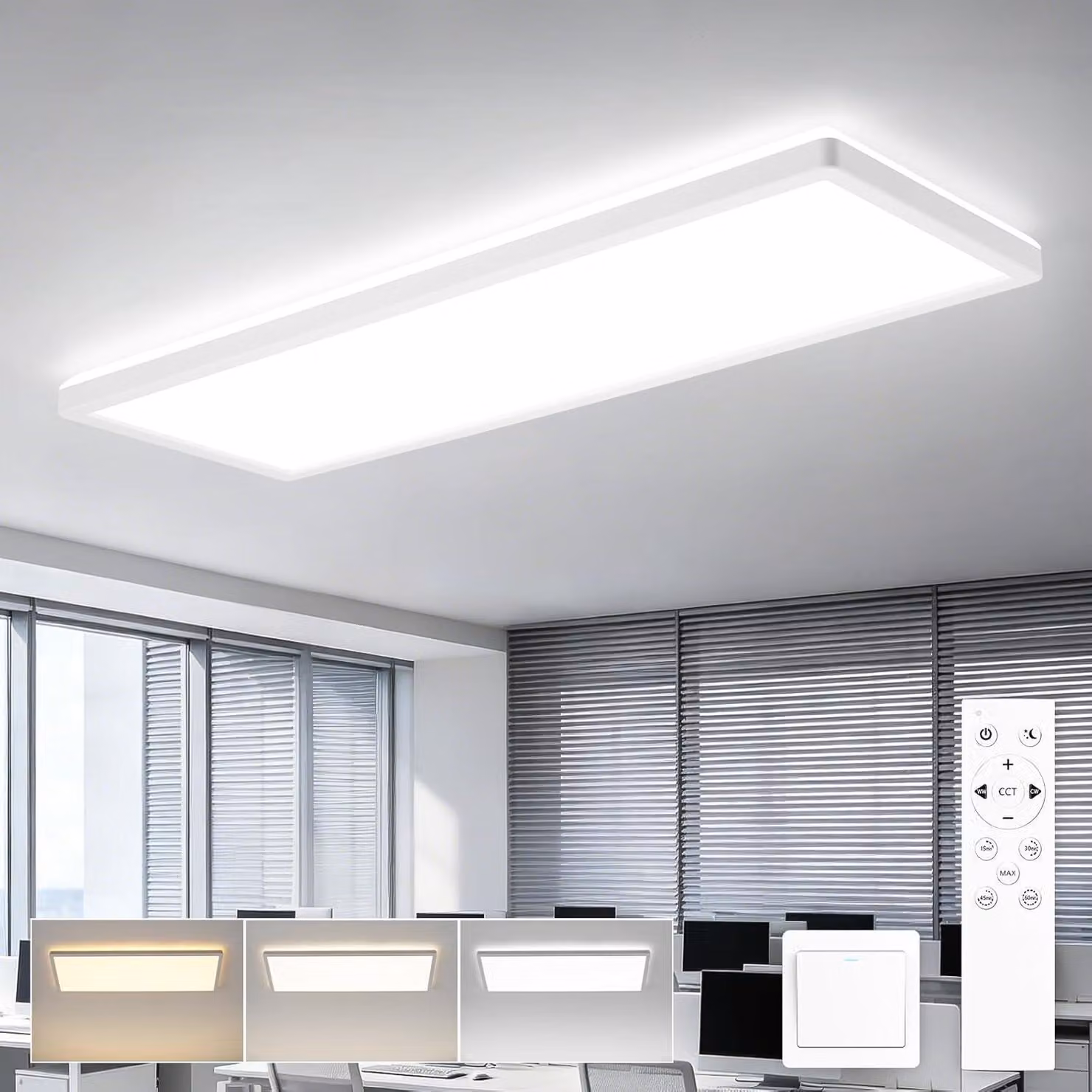 Pannello LED ZMH 58x20, plafoniera a soffitto rettangolare, design piatto, dimmerabile, con telecomando. Lampada grande da 24W, luce diurna, ideale per officine