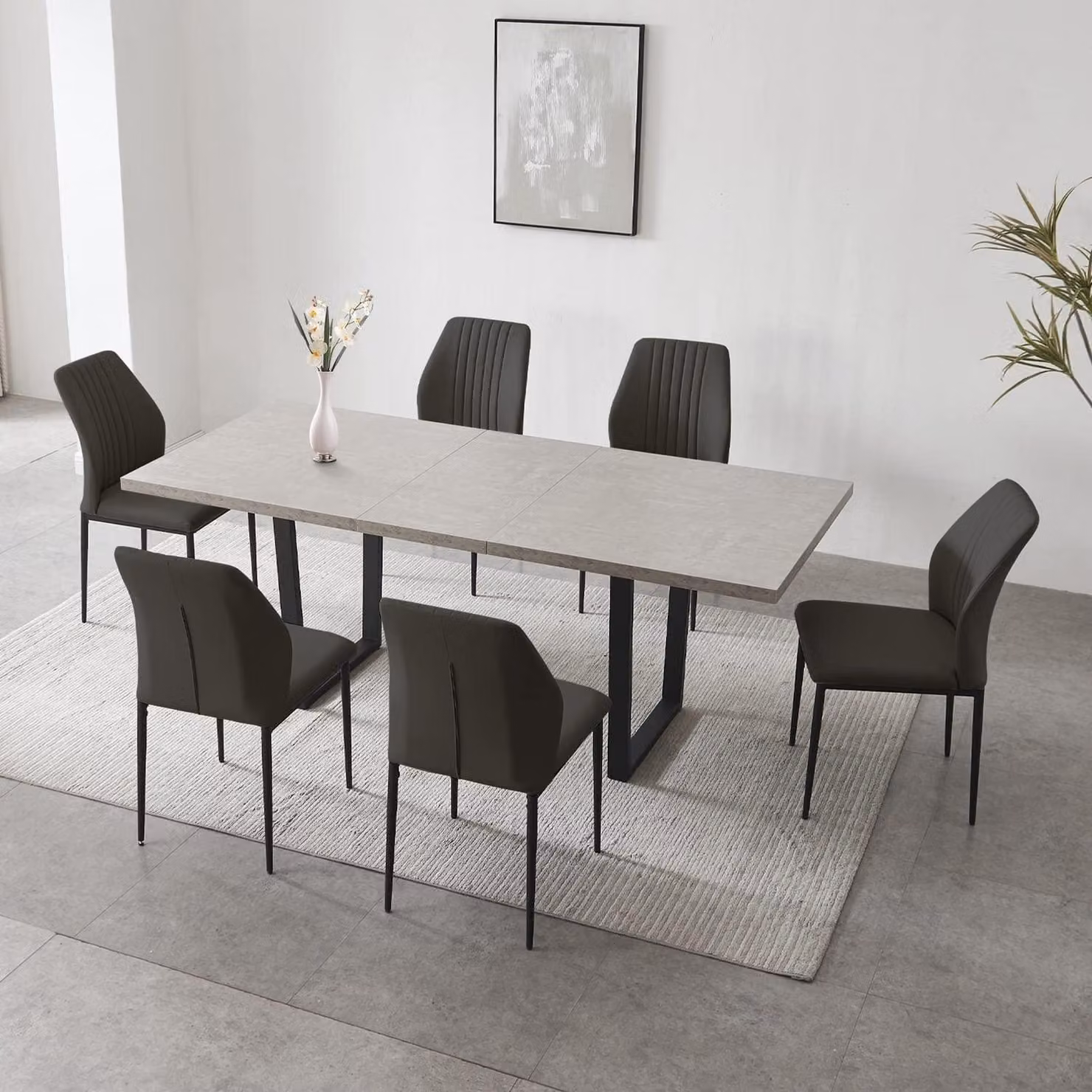 Tavolo da pranzo allungabile con 6 sedie, adatto per 6-8 persone, forma rettangolare, rivestito in ecopelle nera