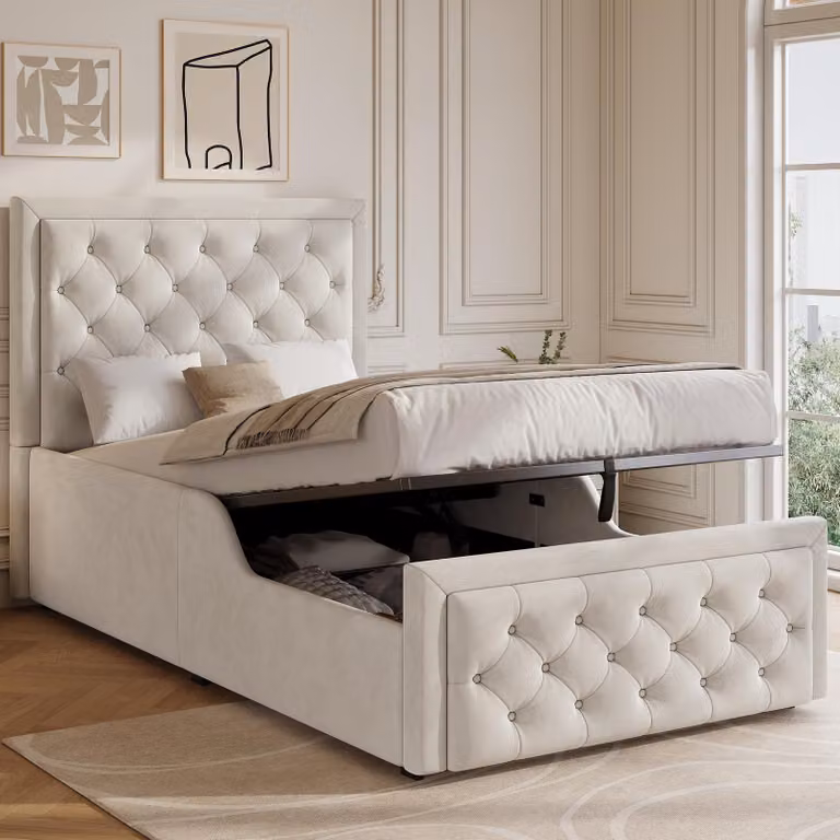 Letto imbottito Merax 90x200 cm con spazio contenitore ad apertura idraulica, letto singolo per bambini con rete a doghe, letto multifunzione con testiera imbottita, in velluto, color beige