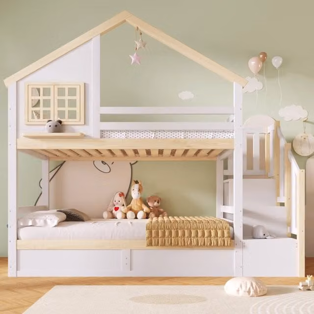 Letto a castello 90x200 cm a forma di casetta con contenitore idraulico; pino e MDF; bianco e naturale per bambini