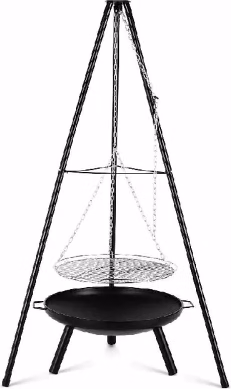 Barbecue da esterno - Treppiede con pentola/griglia sospesa - Ghisa - Griglia a carbonella - Smaltato - Regolabile - Altezza 152 cm - Portatile
