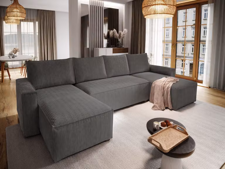 Divano angolare Masseno ASPRA con funzione letto a U, divano con box letto, divano da salotto, divano, divano, divano letto, set di divani - grigio, POSO 34