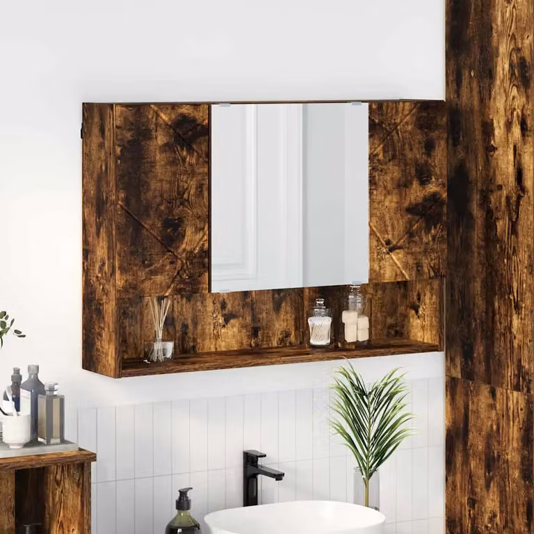 Mobiletto per specchio da parete vidaXL in Rovere fumé con ante a battente e ripiani interni, L: 80 cm, P: 17 cm, H: 55 cm