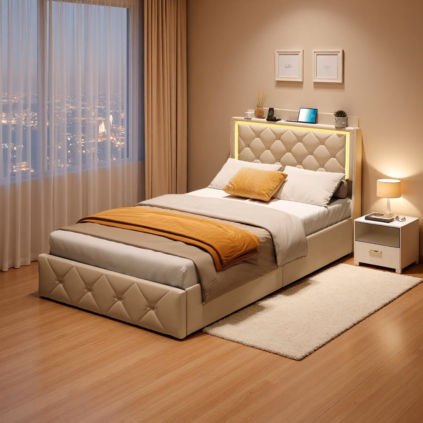 Letto imbottito ProximaX 90x200 cm beige, letto a scomparsa idraulico con 2 cassetti e LED RGB, USB/Type-C, tessuto in velluto, letto singolo