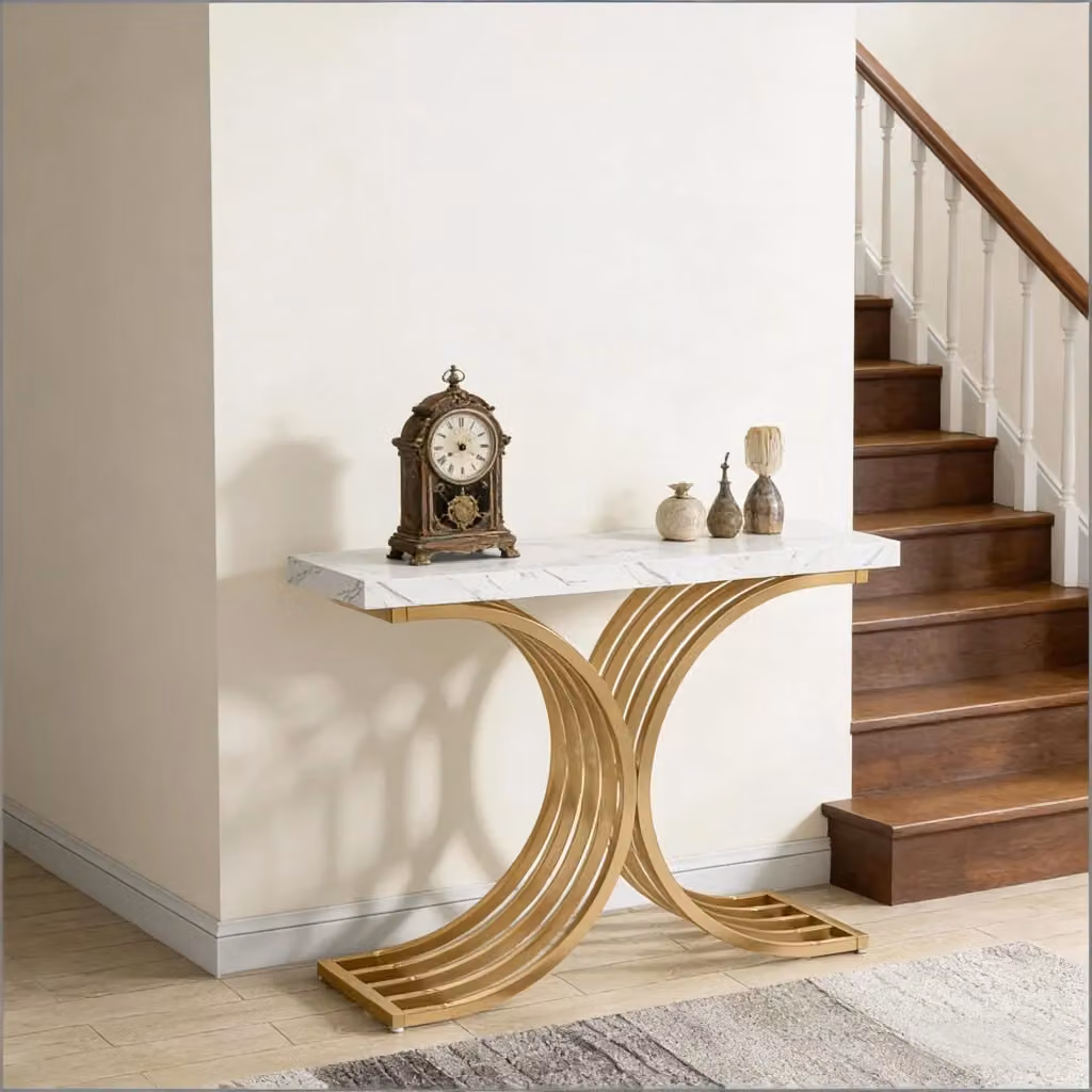 Tavolo consolle REDOM in marmo bianco e metallo dorato, design geometrico glamour, L: 100 cm, P: 30 cm, H: 80 cm – 2