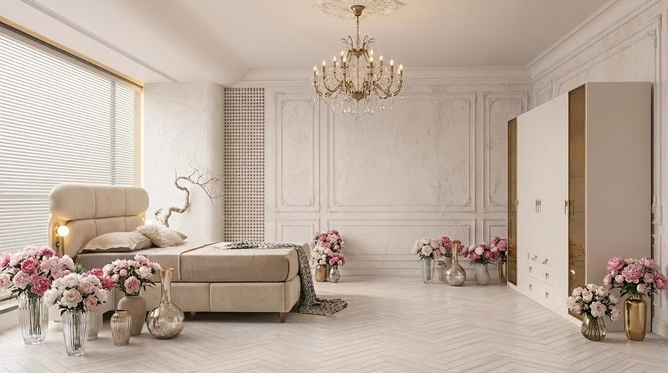 Set per camera da letto: armadio, letto, testiera. Design moderno, colore beige, materiali morbidi e confortevoli