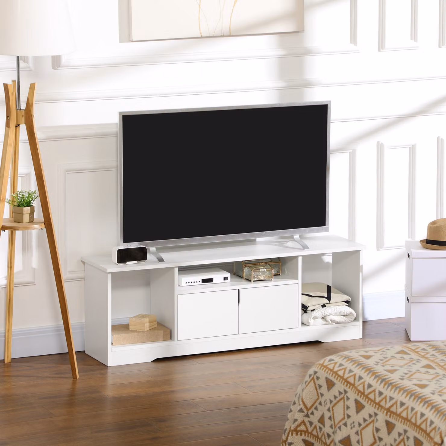 Mobile Porta TV HOMCOM in Legno Bianco con Armadietto e Ripiani Aperti per Soggiorno e Camera da Letto, L/P/H: 120 x 30 x 41 cm – 2