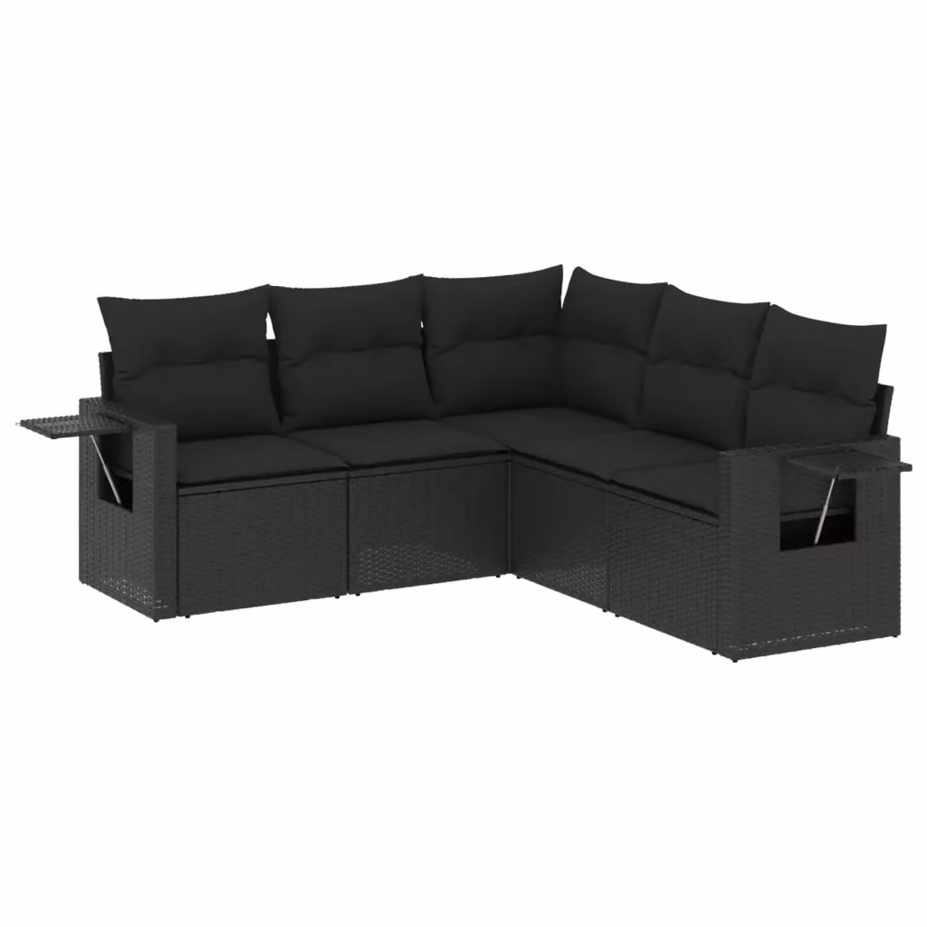 vidaXL Set Divani da Giardino 5 pz a Forma a L in Polyrattan Nero con Cuscini e Tavolino – 2