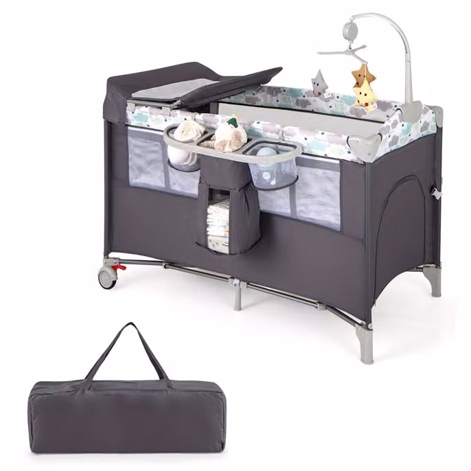 Costway Lettino per bambini 5 in 1 con materasso, fasciatoio, carillon e 3 giocattoli, Grigio scuro