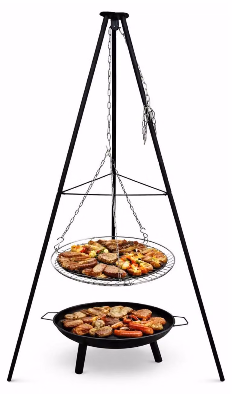 Barbecue da giardino a tre gambe con griglia sospesa, focolare 150 cm, griglia regolabile in altezza, telaio pieghevole, vasca in acciaio, per giardino e falò