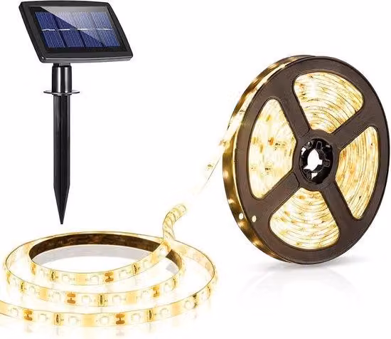 Striscia LED solare - 5 metri - Tecnologia SMD2835 - 150 LED - Impermeabile - Flessibile - Illuminazione decorativa per esterni - Ideale per giardino, terrazza, Natale, feste.