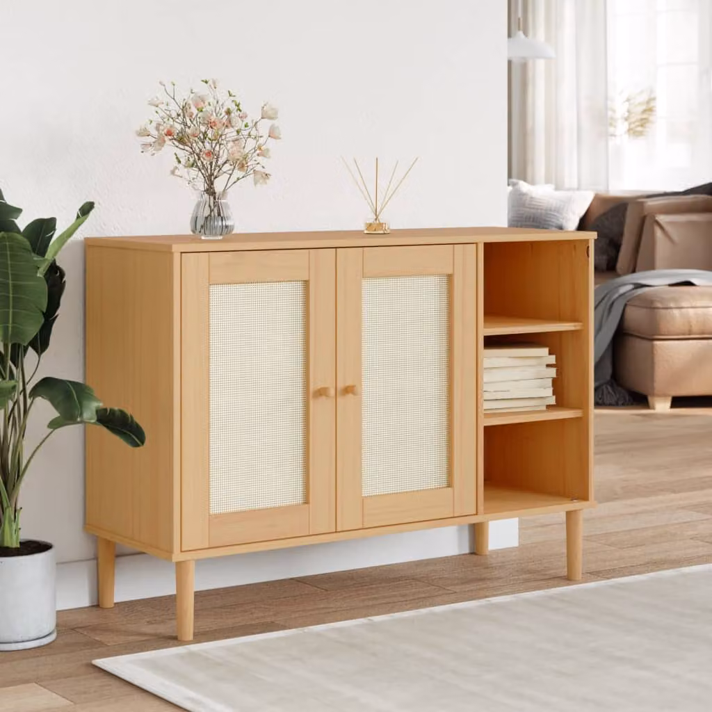 Credenza vidaXL SENJA in legno massello di pino con aspetto rattan, colori beige e marrone, L 112 x P 40 x H 80 cm