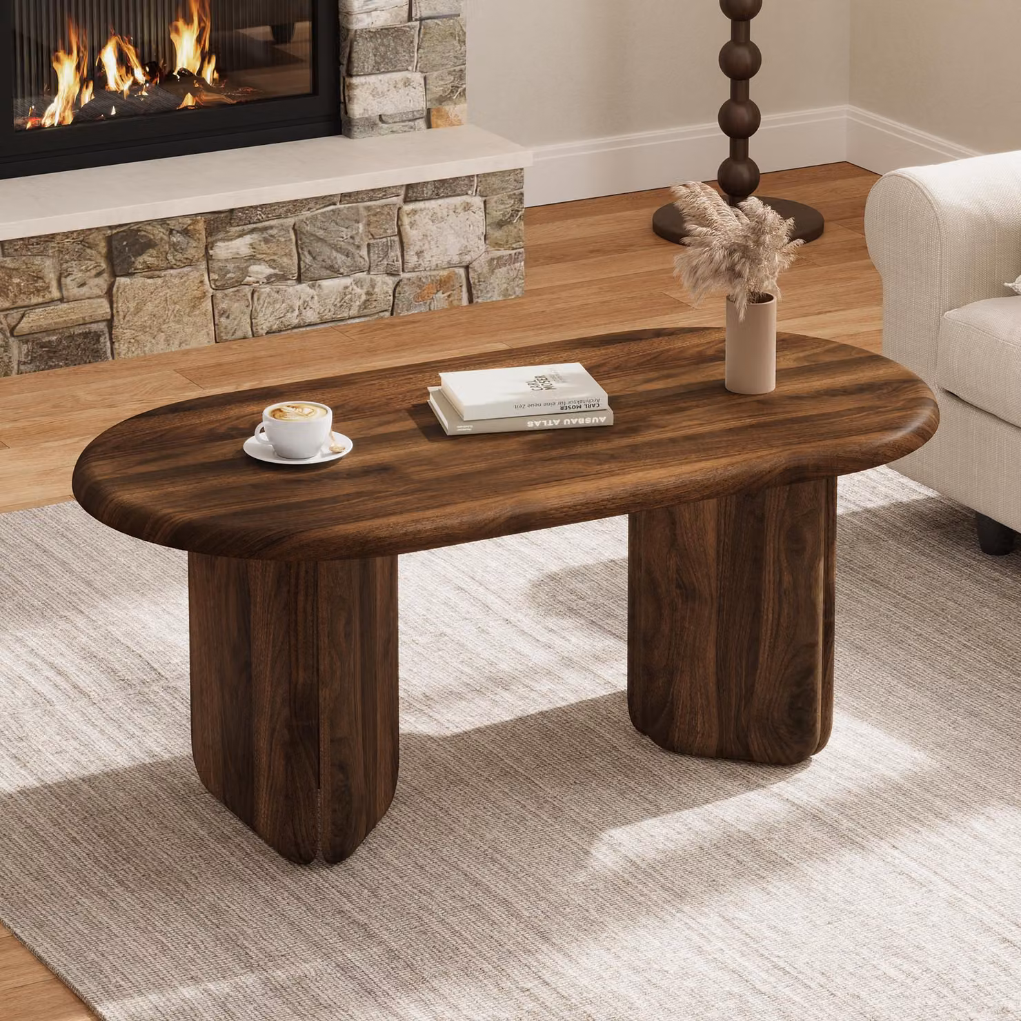 Tavolino ovale "okwish" con finitura effetto noce, tavolino da divano con gambe distintive, moderno tavolino ausiliario, noce