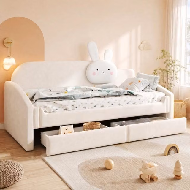Letto Mivray per bambini con cassetti, imbottito in velluto beige con illuminazione LED e testiera a forma di coniglio, L/P: 90 x 200 cm