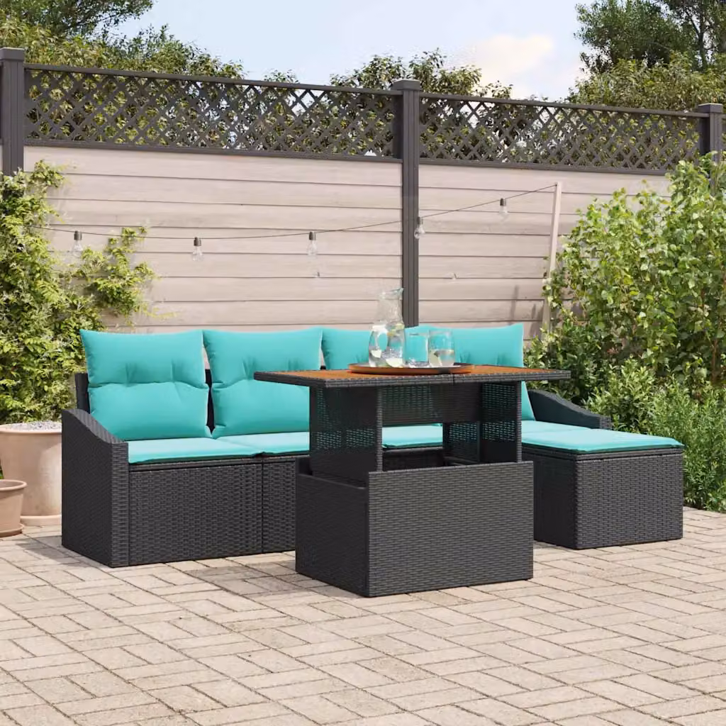Set Divano da Giardino vidaXL 6 pz in Polyrattan con Cuscini, Colore Nero e Petrolio