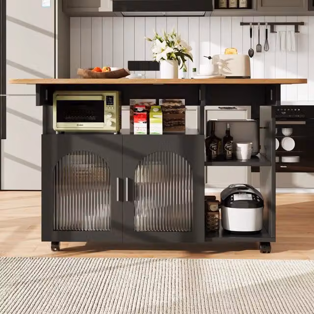 Carrello da cucina moderno OKWISH con piano ribaltabile, due vani chiusi e ripiani aperti, in MDF e vetro nero e naturale, L: 120 cm, P: 70 cm, H: 79,5 cm
