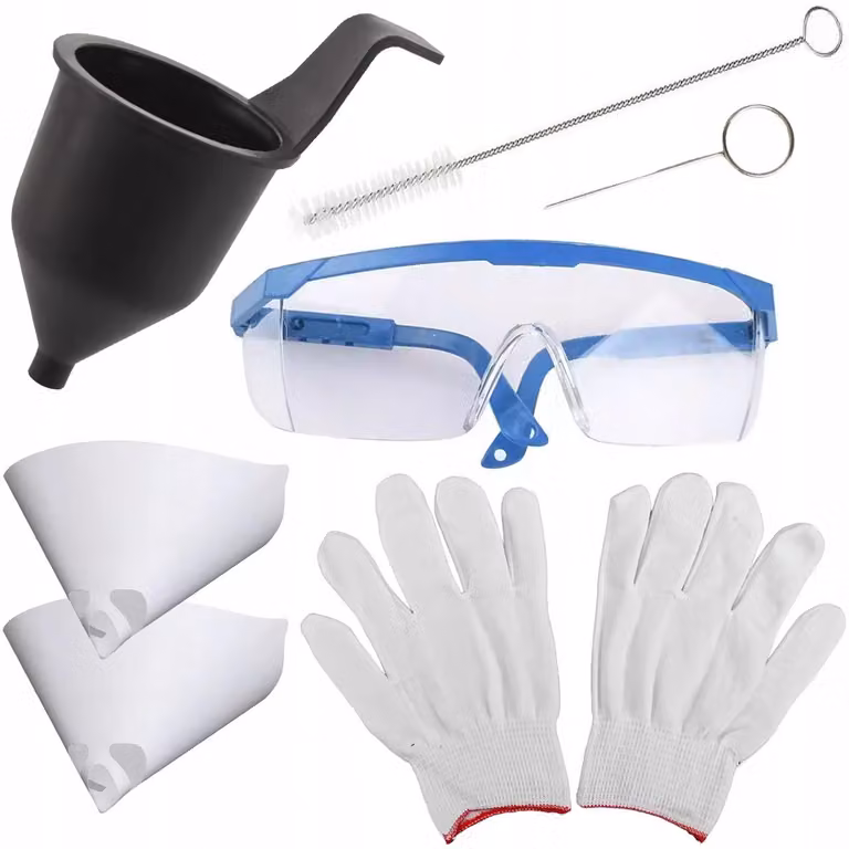 Rosfix Set di Accessori per Spruzzatori di Vernice: Tazza di Viscosità, Spazzola per la Pulizia, Ago, Imbuto, Guanti Protettivi, Occhiali di Sicurezza