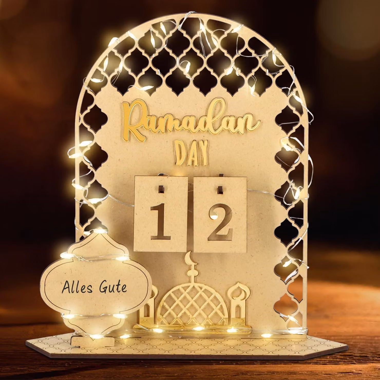 Calendario del Ramadan con luci a LED - Decorazioni per il Ramadan in legno - Decorazioni "Ramadan Mubarak" - Decorazioni "Eid Mubarak" - Calendario del Ramadan per bambini