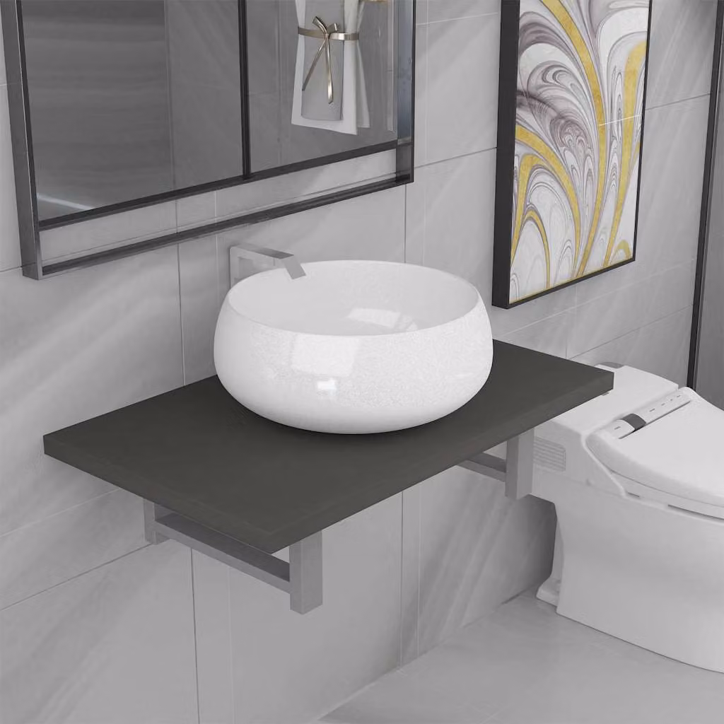 Set di mobili da bagno sospesi vidaXL in ceramica e legno, 2 pezzi, grigio e bianco con finitura lucida