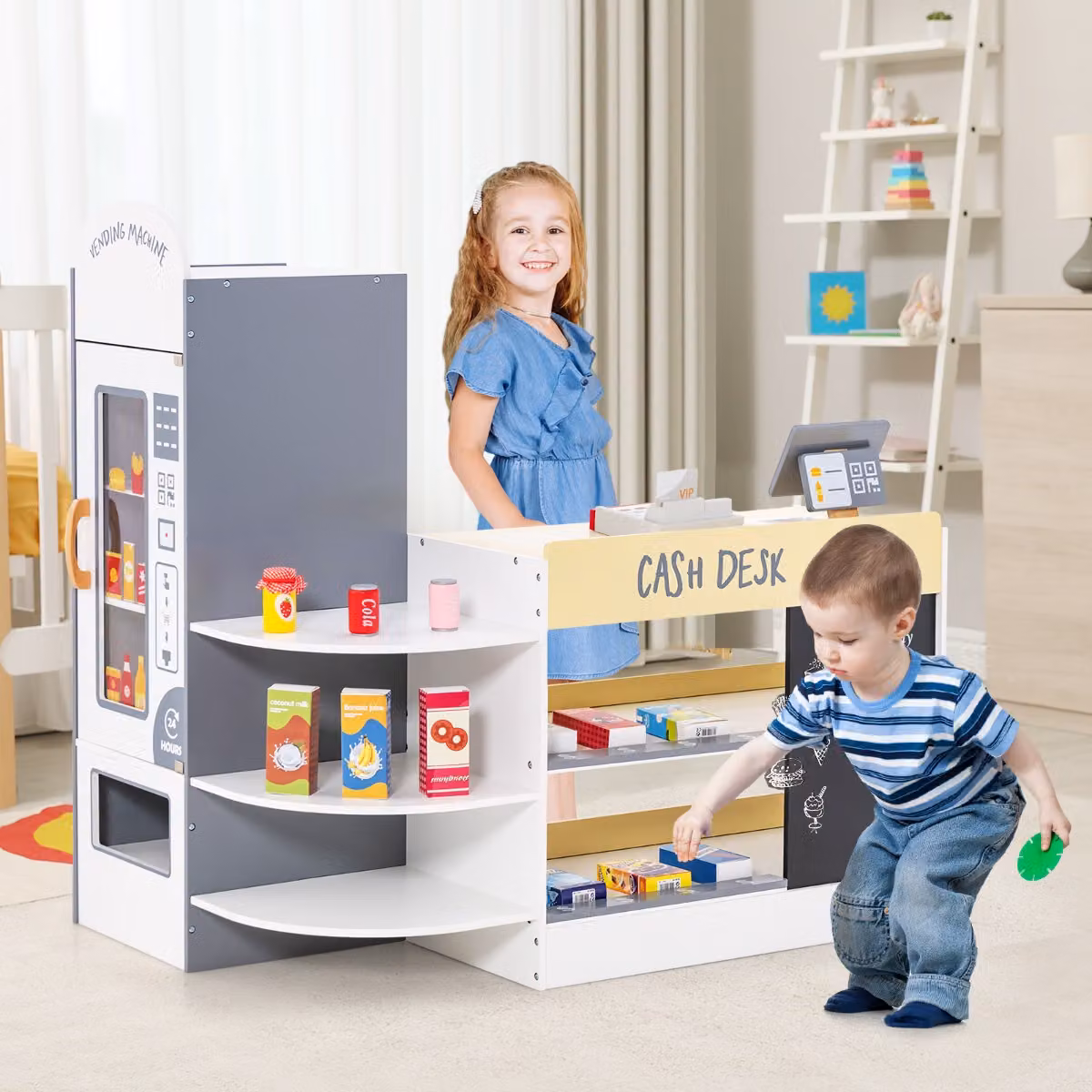 Set di giocattoli supermercato Costway con cassa e distributore automatico, Bianco