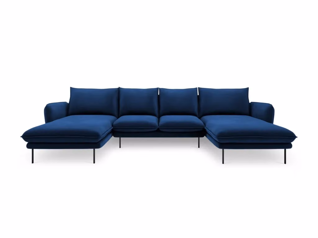Divano panoramico Vienna a 6 posti Cosmopolitan Design in velluto blu con struttura in metallo e cuscini inclusi – 2