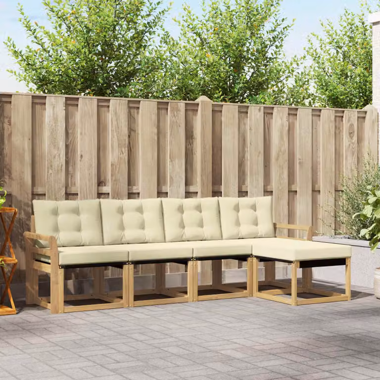 Set di divani da esterno vidaXL a forma di L in legno di acacia con pouf e cuscini, Bianco e Beige