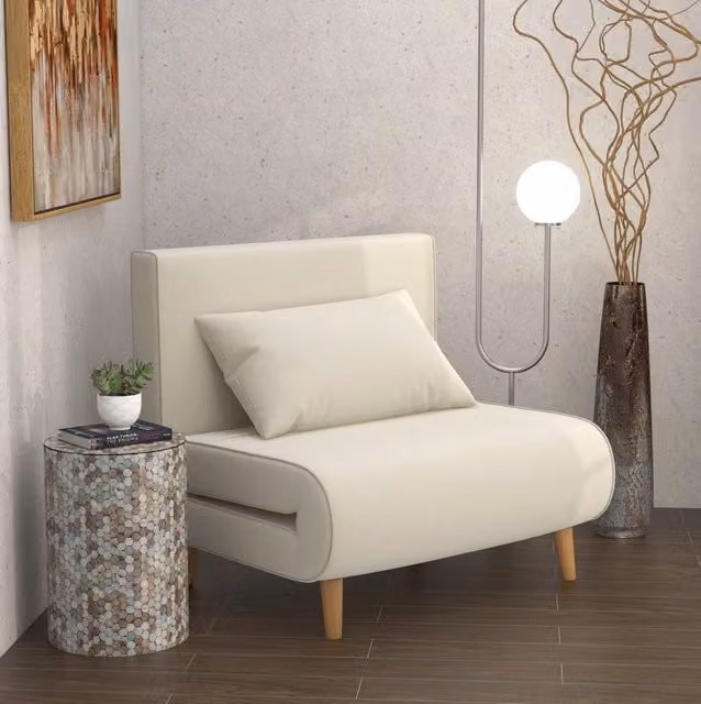Divano letto singolo ULEVR 94x190 cm con schienale regolabile in 6 posizioni, rivestimento color crema