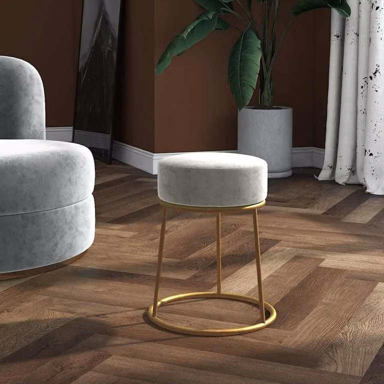 Sgabello rotondo vidaXL in velluto grigio con struttura in metallo dorato, Diametro: 30 cm, Altezza: 38 cm