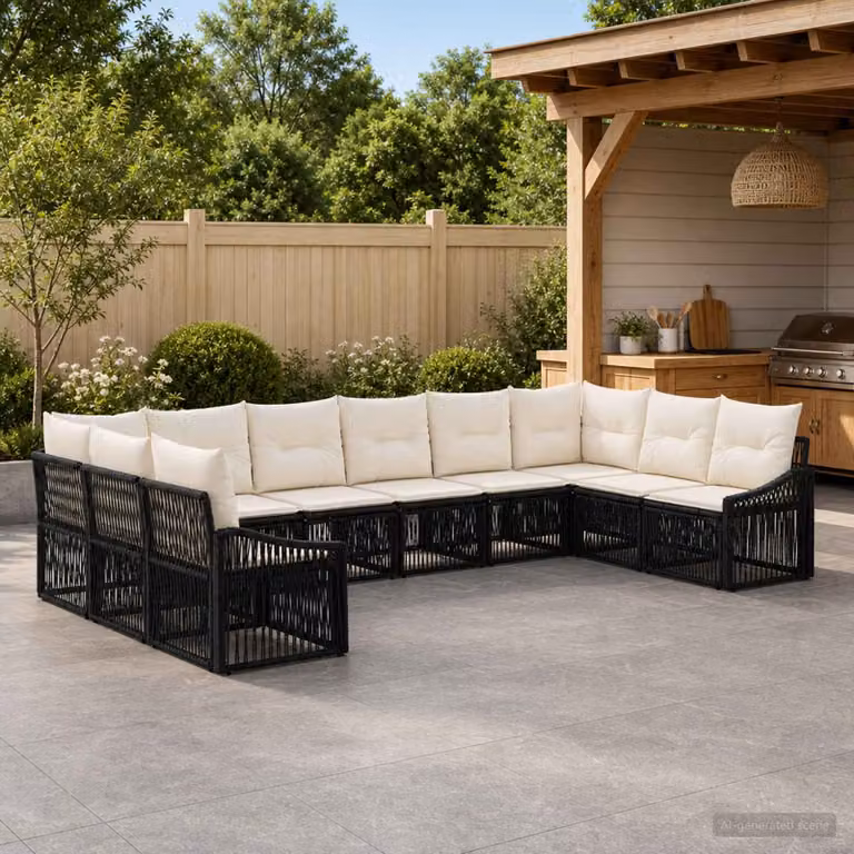 Set Divano da Giardino a Forma a U vidaXL in Polyrattan Nero con Cuscini e Struttura in Acciaio