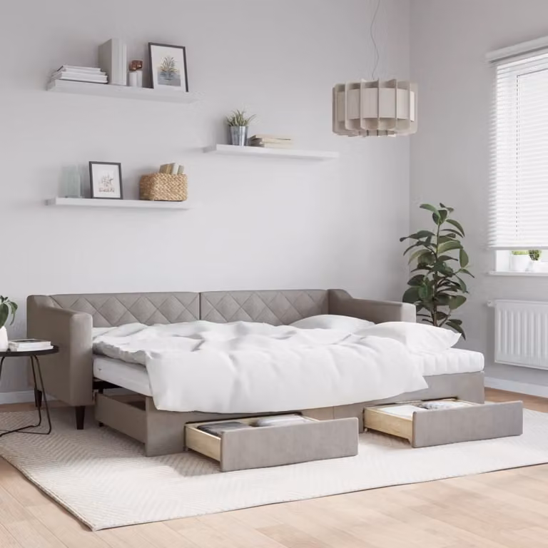 vidaXL Divano Letto Estraibile con Cassetti in Tessuto, Colore Tortora, L/P/H: 223 x 80 x 90 cm