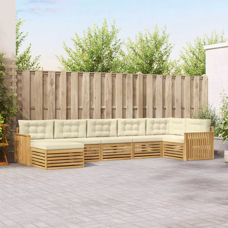 Set di divani da esterno vidaXL 7 pz in legno di acacia con cuscini Bianco e Beige