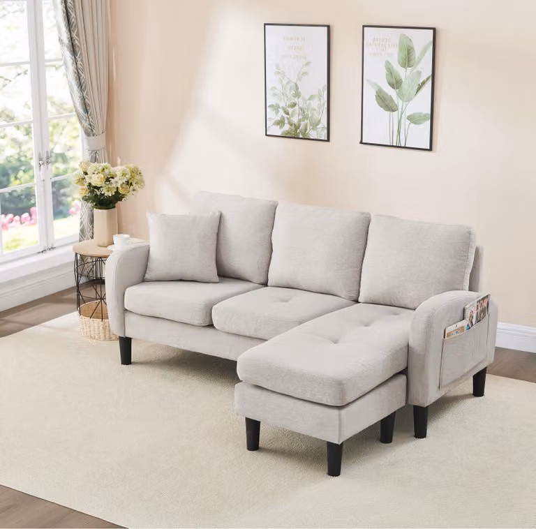 Divano angolare a forma di L Fortuna Lai con chaise longue – Divano a 3 posti, 166 x 118 x 77 cm, tessuto di cotone e lino traspirante, gambe in plastica, design modulare, ideale per soggiorni, appartamenti e uffici