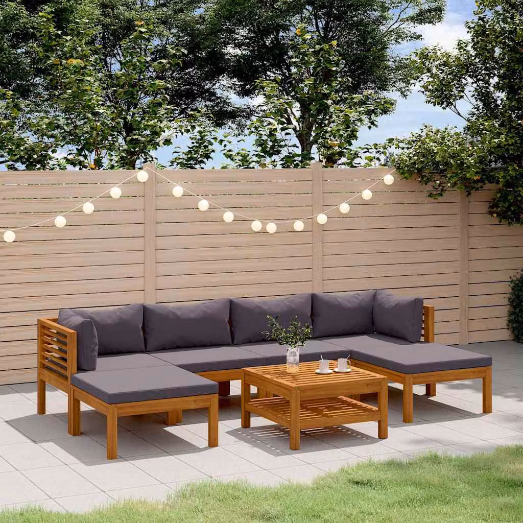 Set Divani da Giardino vidaXL 7 pz in Legno di Acacia con Cuscini Grigi e Tavolino
