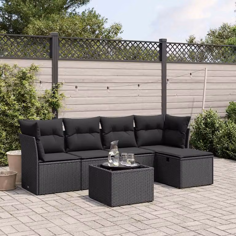 Set Divano da Giardino vidaXL 6 pz a L con Cuscini e Tavolino Nero in Polyrattan e Metallo