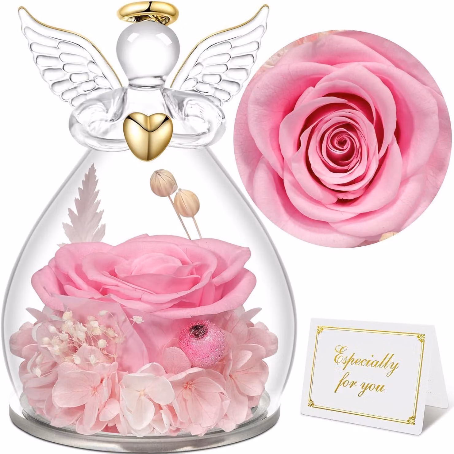 Rosa eterna, statuetta di un angelo in vetro, regalo per donne, colore rosa