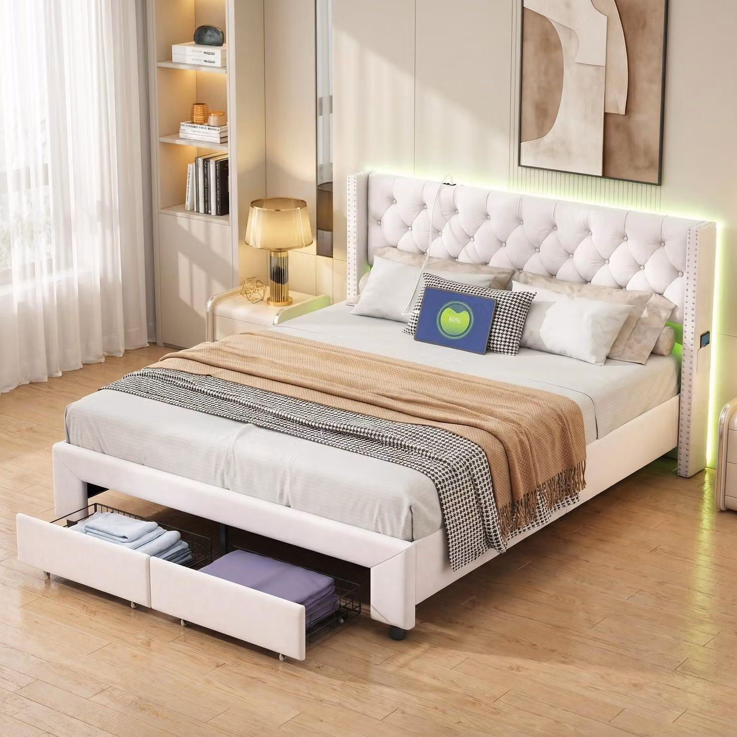 Letto imbottito INONEFT, 160 x 200 cm, letto matrimoniale con USB e LED, letto per adulti con 2 cassetti e rete a doghe, adatto anche per ragazzi, rivestito in velluto, colore beige, senza materasso