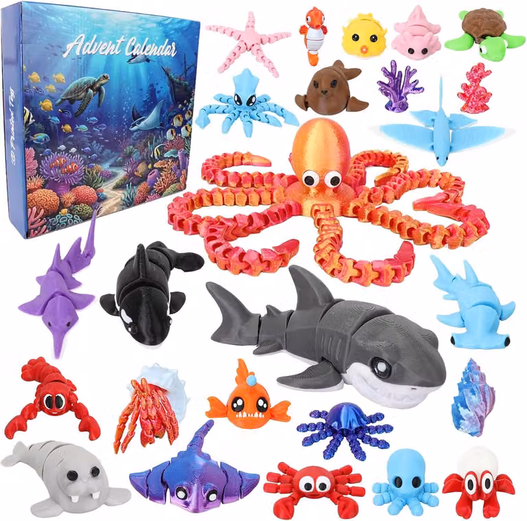 Calendario dell'Avvento a tema vita marina - 24 piccoli personaggi mobili a tema marino, ideali come "fidget toys" - Conto alla rovescia per il Natale