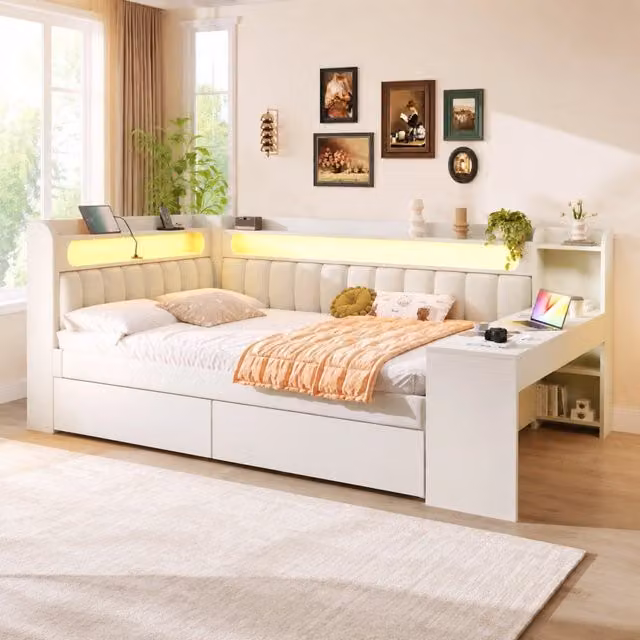 Letto daybed imbottito 140x200 cm con scrivania; 2 cassetti; LED e USB; bianco