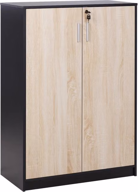Armadietto moderno BELIANI con 2 ante e ripiani regolabili con serratura, colore marrone e nero, H 117 x L 80 x P 40 cm – 1