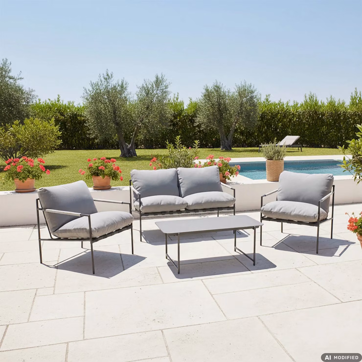 Vestiamo Casa Giardino Set da giardino moderno 4 pezzi con struttura in acciaio antracite, tavolo con top in vetro e cuscini in tessuto grigio – 2