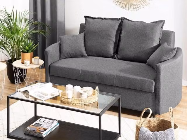 Divano letto Beliani a 2 posti moderno in tessuto grigio con struttura in metallo e cassetto estraibile