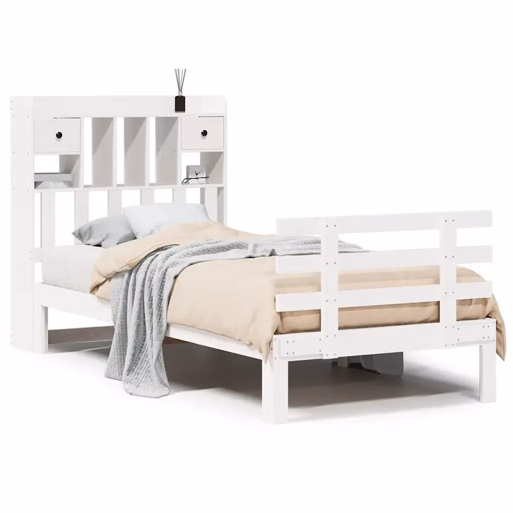 Letto con Libreria e Cassetti in Legno di Pino Bianco Stile Rustico VIDAXL L/P/H: 190 x 75 x 110 cm – 2