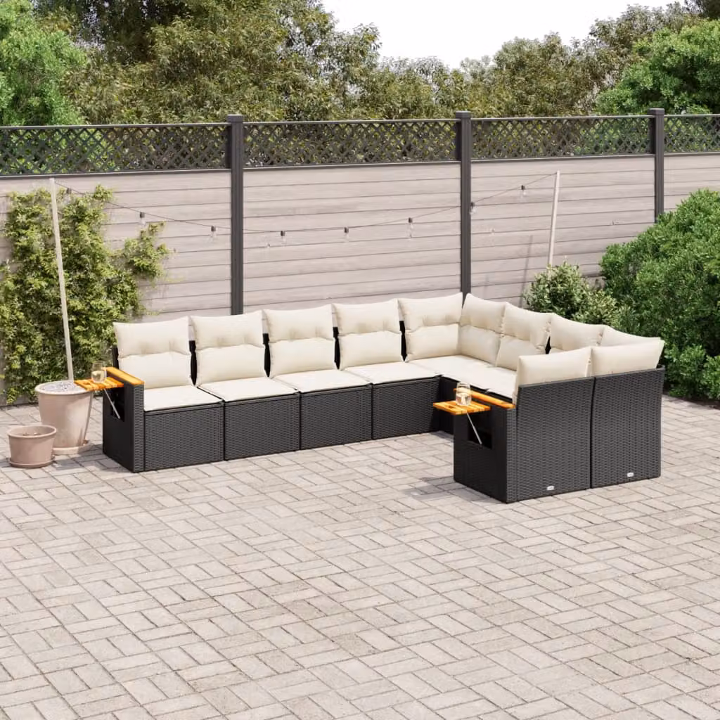 Set di divani da giardino vidaXL in polyrattan nero con cuscini, tavolino e sedute a forma di U per esterno – 1