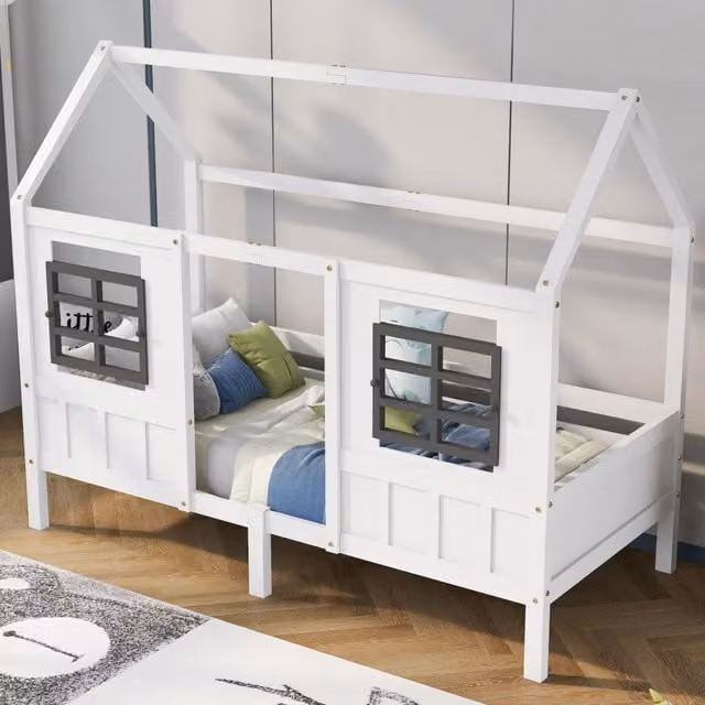Letto casetta per bambini 200 × 90 cm con 2 finestre protettive, senza materasso, in legno massello e MDF bianco