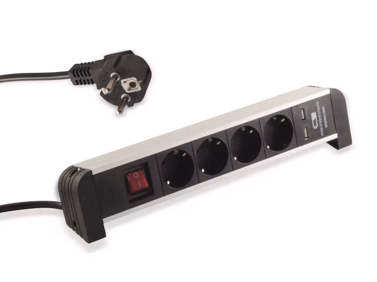 Presa da tavolo in alluminio, 4 vie, 2x USB