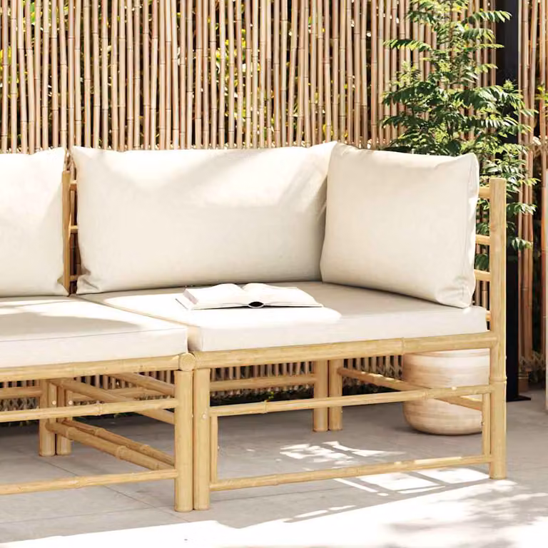 vidaXL Divano Angolare da Giardino in Bambu con Cuscini Imbottiti Bianco e Beige