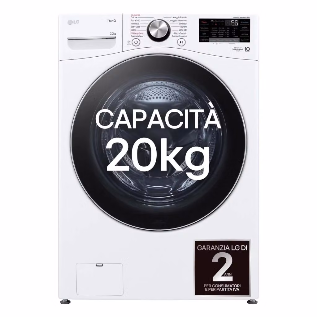 Lavatrice a carica frontale LG F0P3020TSWC Serie P3 AI DD, Capacità 20 kg, 1000 rpm, Classe B, Colore Bianco e Nero, con programmi a vapore e Wi-Fi, L: 70 cm, P: 83 cm, H: 99 cm – 2