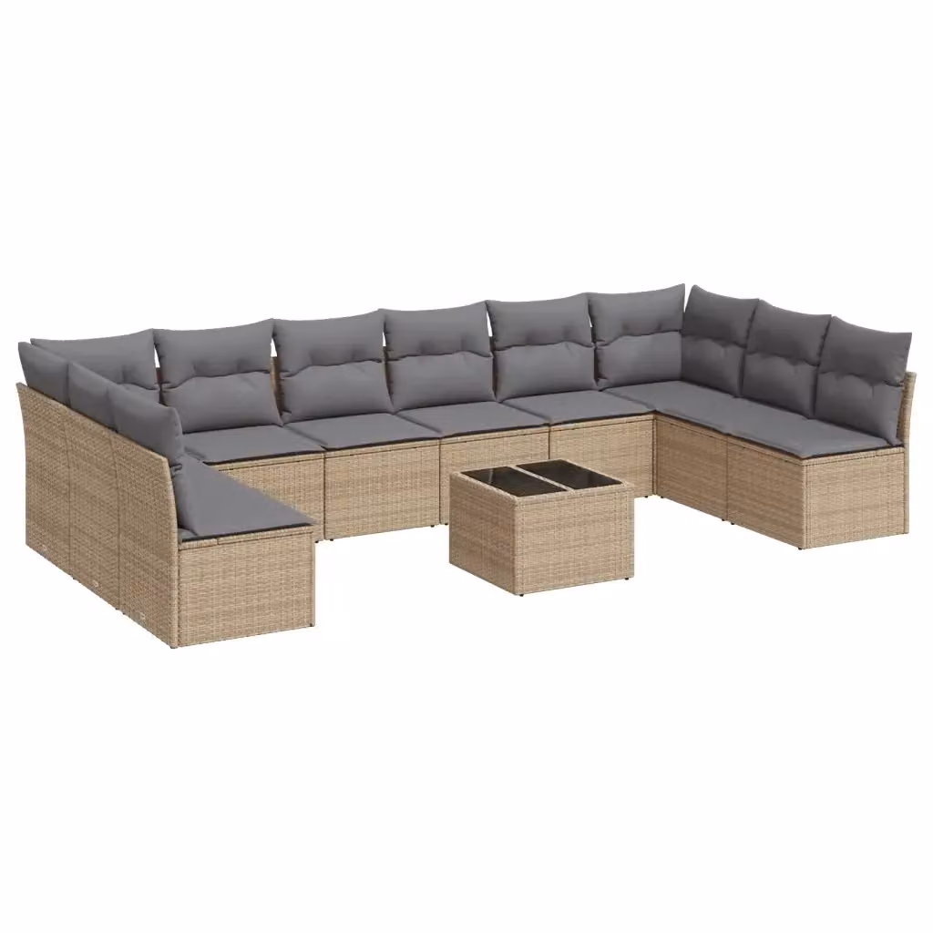 vidaXL Set Divani da Giardino 11 pz a Forma a U con Cuscini Beige e Tavolino in Polyrattan e Metallo – 2